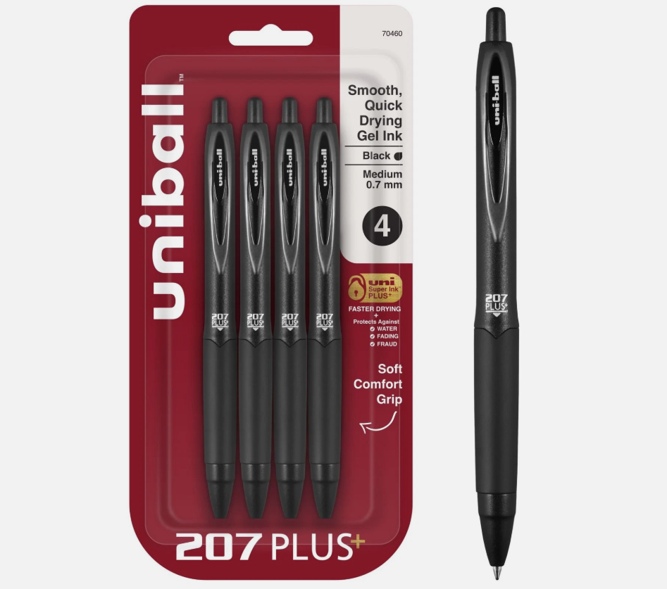 Test - Uniball 207 Plus Retractable Gel Pens Medium Point 0.7mm Black Ink 4/Pack 70460